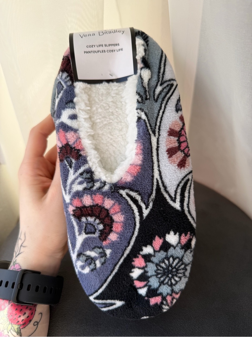 Vera Bradley Navy, Pink & Gray Floral Cozy Slip-On Slippers